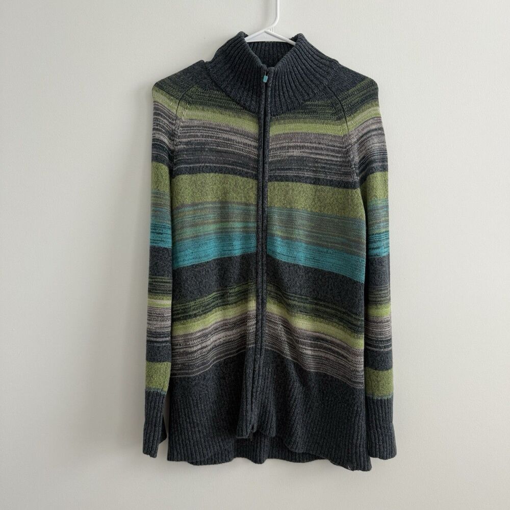 Eddie Bauer Lime Gray Blue Striped Full Zip Knit Sweater Large 100% Cotton Fall